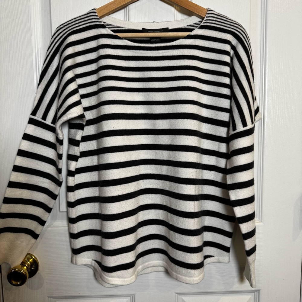 French Connection XS Small Black White Striped Knit Sweater Boat Neck Coastal